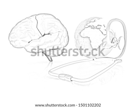 stethoscope, globe, brain - global medical concept. 3d illustration. Pencil drawing.