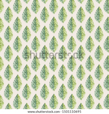 Design by watercolor hand drawn painting with brushes strokes. Texture of seamless floral pattern with young spring leaves and grass on old wooden fence.