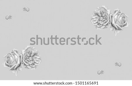 Monochrome macro of rose blossom pairs, gray background,detailed texture,vintage painting style, symbolic pair together joint
