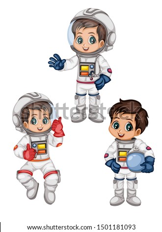 Astronaut Cartoon Characters in Outer Space Suit. Set with Standing and Flying Astronaut kids isolated on White Background. Cartoon Boys Wearing Astronaut Costume. Vector Illustration for Books and Ga Royalty-Free Stock Photo #1501181093
