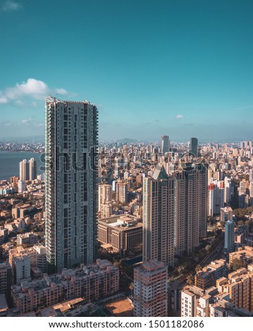Some highrises in Mumbai's Prabhadevi-Dadar belt. Ahuja Towers, Sheth Beaumonde, Kohinoor Square and Ruby Tower can be seen in the picture.  Royalty-Free Stock Photo #1501182086