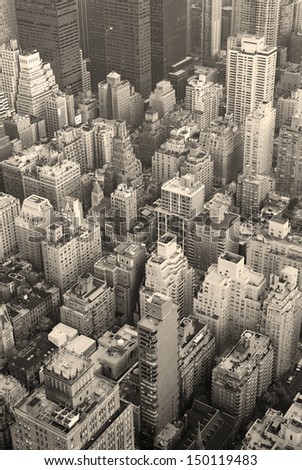 New York City Manhattan skyline aerial view black and white with skyscrapers and street.