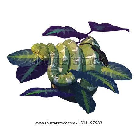 Low poly triangular snake in the leaves on white background. Polygonal style trendy modern logo design. Suitable for printing on a t-shirt.