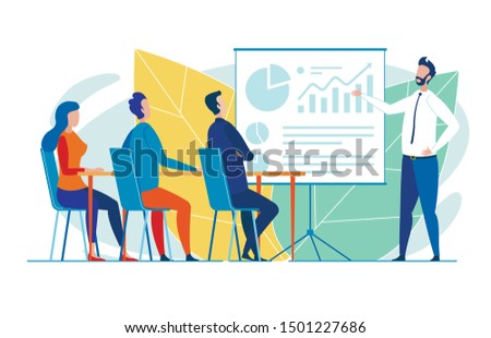 Prospective Experienced Office Supervisor, Responsible for Support of Trainees, Giving Presentation Within Business Seminar, Using Pie Diagrams and Column Charts to Illustrate Theoretical Points Royalty-Free Stock Photo #1501227686