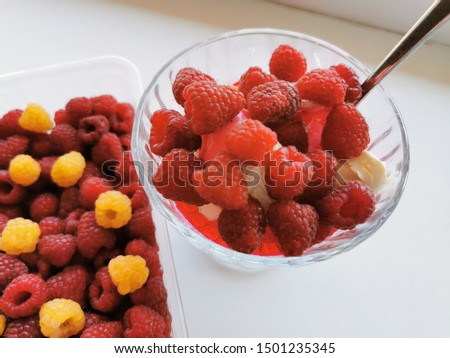 Cream cheese in a glass creamer with fresh red raspberries. Summer dessert. Close-up photo.
