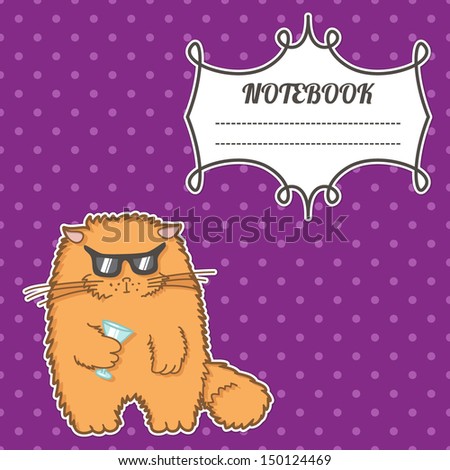 cover notebook with a frame for a name and a funny cat with glasses