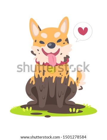 Cute style muddy happy dog sitting on grass floor cartoon vector illustration  Royalty-Free Stock Photo #1501278584
