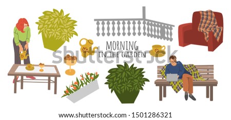 Set of vector design elements to illustrate a family tea party outdoors. Husband, wife, flowers, bushes, bench, table and chair with a plaid isolated on white background