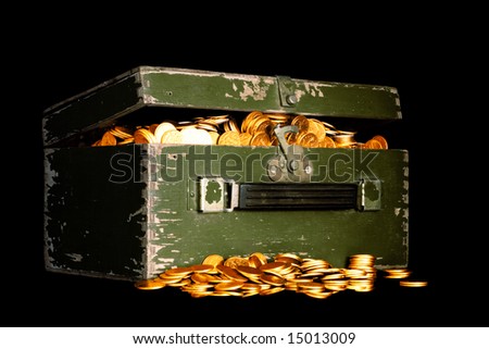chest full of money; treasure chest with gold coins