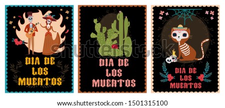 Day of the dead festival posters set with skeleton. Mexican traditional holiday. Mexican wording translation: "Day of the dead". Editable vector illustration.