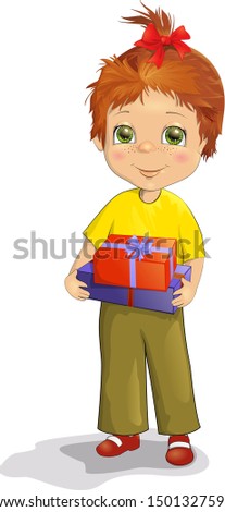 Happy cute girl in yellow with a gift box in her hands vector illustration. In cartoon style. Clipart Isolated on white background