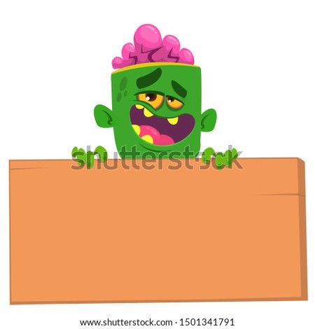 Cartoon zombie holding wooden sign. Vector illustration. Isolated on the white background. Halloween design element for banner, postcard, poster. 