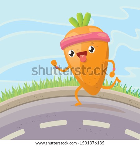 Cartoon funky carrot character running or jogging on street. Cute sporty healthy vegetable character making cardio sport exercise. Fitness cardio concept