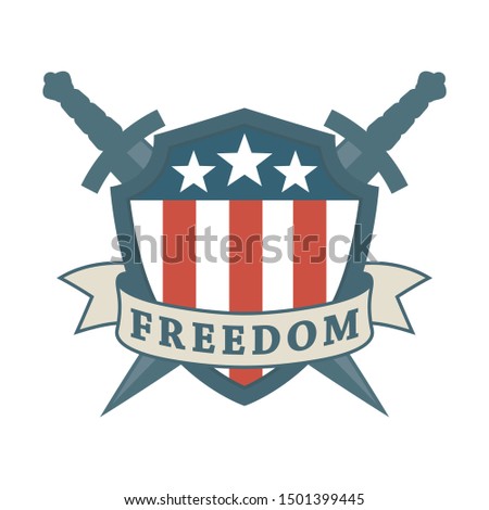 Color illustration of swords, shield, american flag and banner with text. Vector illustration symbolizing freedom and democracy of the USA.