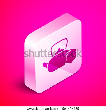 Isometric Tea kettle with honey icon isolated on pink background. Sweet natural food. Silver square button. Vector Illustration