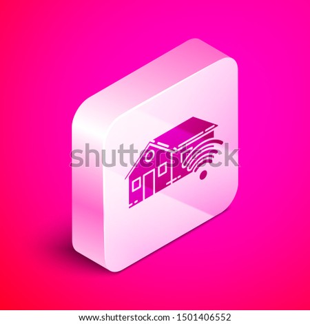 Isometric Smart home with wi-fi icon isolated on pink background. Remote control. Silver square button. Vector Illustration
