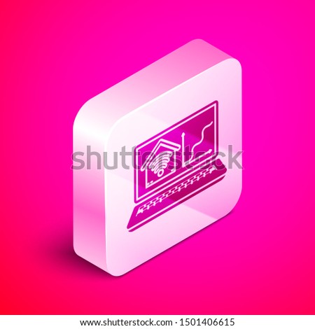 Isometric Laptop with smart home with wi-fi icon isolated on pink background. Remote control. Silver square button. Vector Illustration