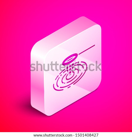 Isometric Fishing net in water icon isolated on pink background. Fishing tackle. Silver square button. Vector Illustration
