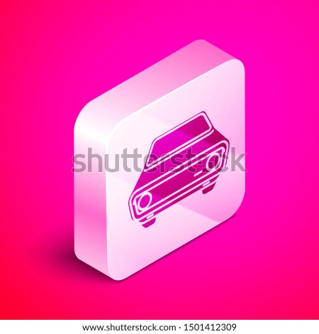 Isometric Car icon isolated on pink background. Front view. Silver square button. Vector Illustration