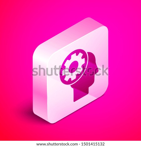 Isometric Human head with gear inside icon isolated on pink background. Artificial intelligence. Thinking brain sign. Symbol work of brain. Silver square button. Vector Illustration