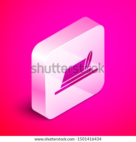 Isometric Oktoberfest hat icon isolated on pink background. Hunter hat with feather. German hat. Silver square button. Vector Illustration