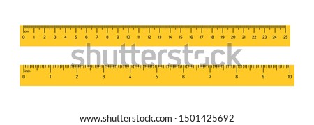 Measuring rulers scale vector illustration isolated on white background. Realistic design of colorful tool supplies. Measuring scale in centimeters, millimeters and inch Royalty-Free Stock Photo #1501425692