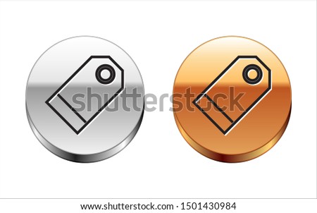 Black line Blank label template price tag icon isolated on white background. Empty shopping discount sticker. Template discount banner. Silver-gold circle button. Vector Illustration