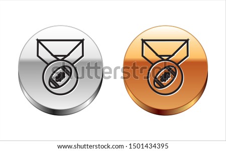 Black line American Football ball with medal icon isolated on white background. Silver-gold circle button. Vector Illustration