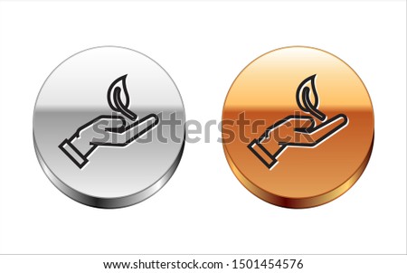 Black line Sprout in hand of environmental protection icon isolated on white background. Seed and seedling. Planting sapling. Ecology concept. Silver-gold circle button. Vector Illustration
