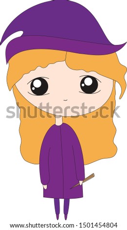 Cute cartoon witch with hat, mantle and magic wand. Illustration for Halloween