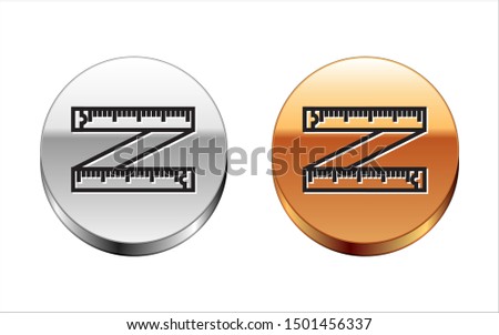 Black line Tape measure icon isolated on white background. Measuring tape. Silver-gold circle button. Vector Illustration