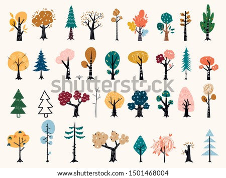 Set of trees in a flat style. Tree icons set in a modern flat style. Pine, spruce, oak, birch, trunk, aspen, alder, poplar, chestnut, apple tree. Autumn trees.
