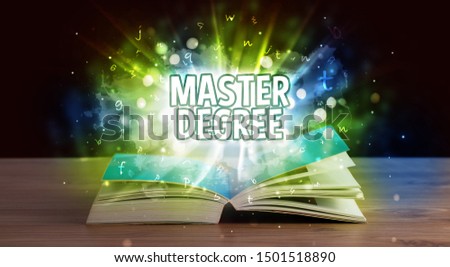 MASTER DEGREE inscription coming out from an open book, educational concept