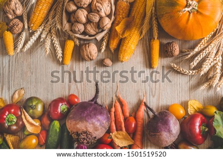 Happy Thanksgiving. Harvest, Autumn. Still life with Thanksgiving concept. Panoramic collection of fresh healthy fruits and vegetables. 
