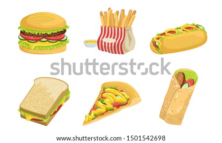 Collection of Fast Food, Takeaway Street Food Dishes, Burger, French Fries, Hot Dog, Sandwich, Pizza, Shawarma. Vector Illustration.