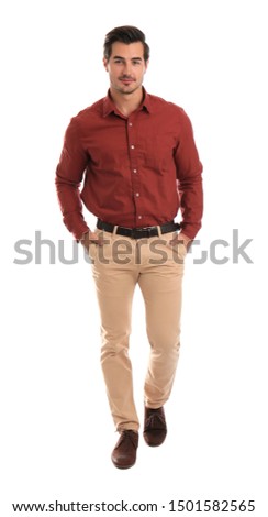 Full length portrait of young man on white background