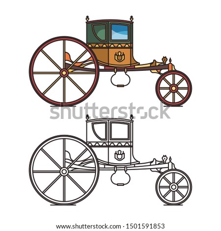 King, queen retro carriage or prince, princess vintage chariot. Wedding buggy or antique waggon, royal victorian horse transport or vintage, dormeuse, retro stagecoach or classic cab or cart icon