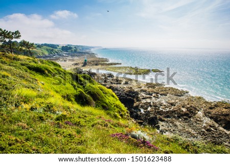 Pléneuf-Val-André Lighthouse with Turqoise Blue Atlamtic Ocean on a Sunny Summer Day in Brittany France Royalty-Free Stock Photo #1501623488
