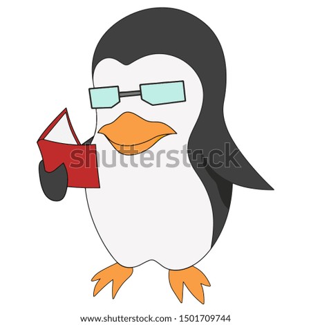 Character Penguin Reading Book with Glass Cartoon illustration