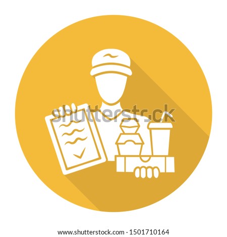 Food delivery yellow flat design long shadow glyph icon. Express courier service. Deliveryman holding takeaway food and invoice. Restaurant, cafe free order delivering. Vector silhouette illustration