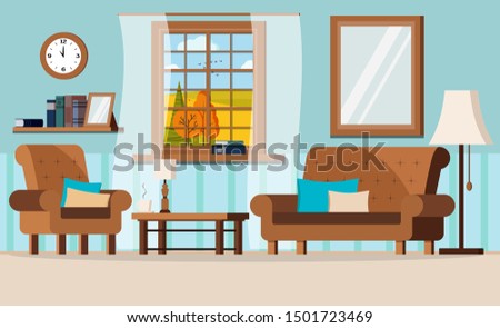 Cartoon flat design vector illustration of cozy living room with furniture and window view of autumn fields landscape - sofa, armchair, wall clock, mirror, coffee table, lamp, books, shelf. 