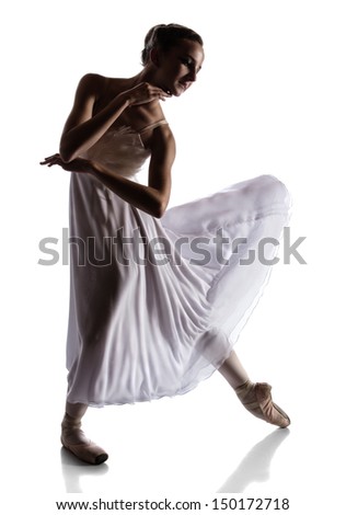 Silhouette of a beautiful female ballet dancer isolated on a white background. Ballerina is wearing a white dress with feathers and pointe shoes.