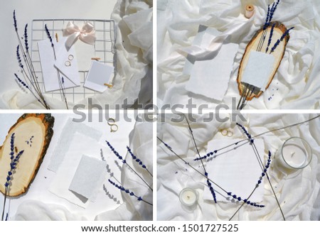 Stationery collage. Four photos. Mock up on white gauze background. Greeting card, envelope with ribbon, wedding  rings and candles. Lavender and wood slice. Violet flat lay scene with mood board