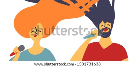 Two vocalists, man and woman, singing, holding microphones in their hands, strongly inspired by music. Poster, card or design concept. Vector cartoon illustration in flat style, isolated, on white.