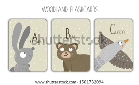 Colorful alphabet letters A, B, C. Phonics flashcard. Cute woodland themed ABC cards for teaching reading with funny rabbit, bear, cuckoo
