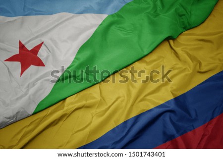 waving colorful flag of colombia and national flag of djibouti. macro