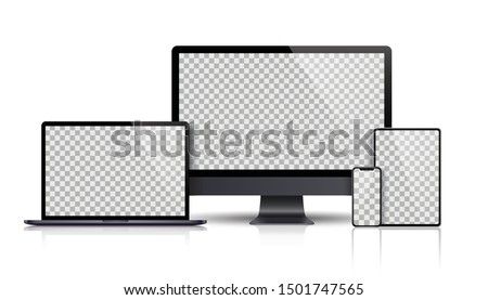 Realistic set of Monitor, laptop, tablet, smartphone dark grey color - Stock Vector. Royalty-Free Stock Photo #1501747565