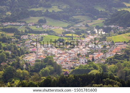 View of Furnas town on Sao Miguel island, Azores, Portugal. Town known for its volcanic activity with geothermal hotsprings, mud pools and fumaroles