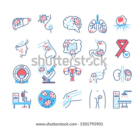 Cancer different organs line color icons set. Oncology medical diagnostic concept. Malignant neoplasms. Cancer breast, brain, liver, stomach, nose,cervical, lung, prostate, bones. Editable stroke.
