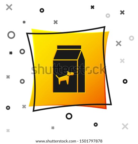 Black Bag of food for dog icon isolated on white background. Food for animals. Pet food package. Yellow square button